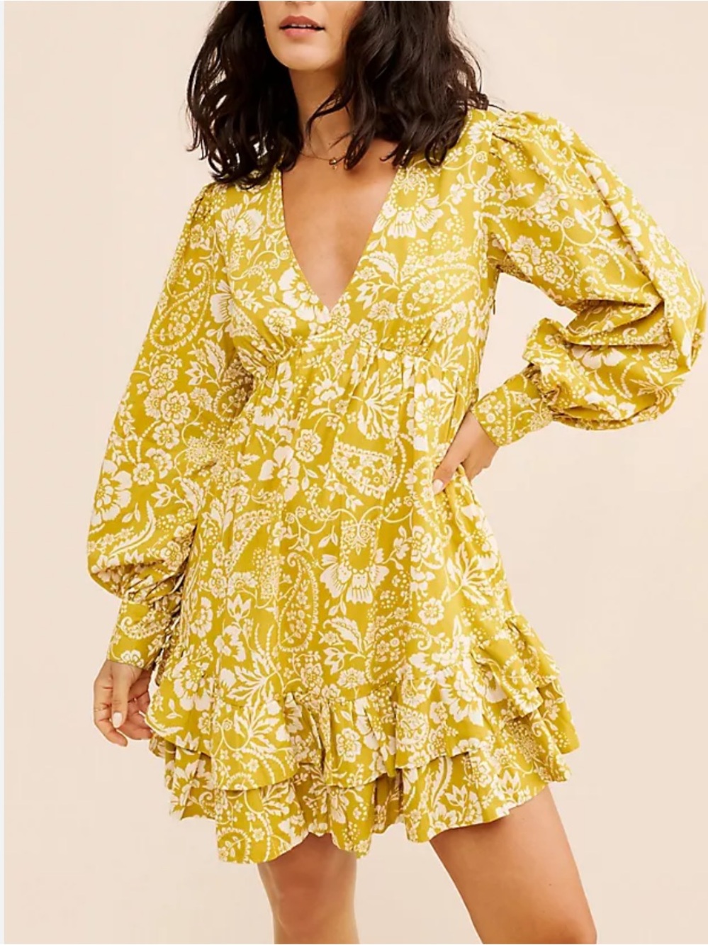 Anthropologie Maeve V Neck Frill Puff Sleeve Mini Dress Mustard White Floral S